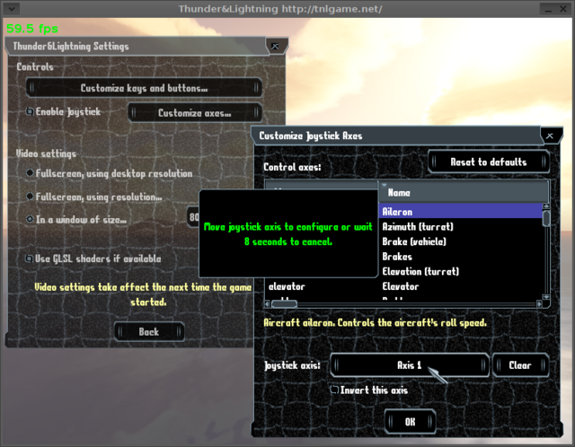The joystick axes configuration dialog with automatic axis detection
