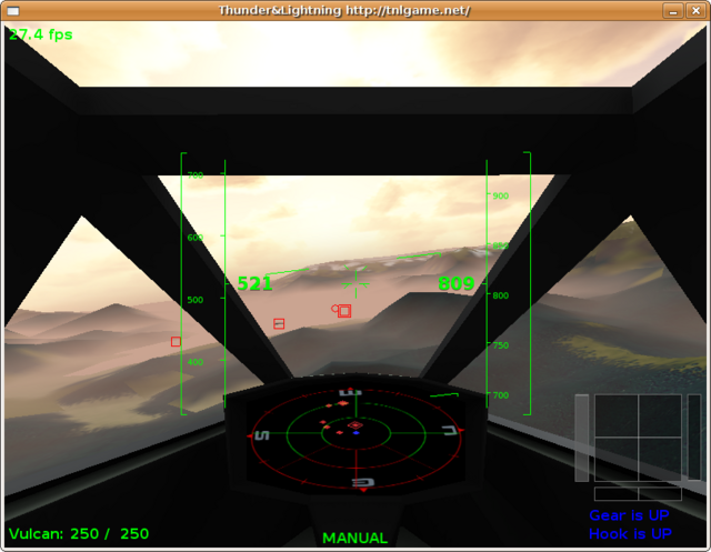 The enemy carrier is displayed slightly larger than other objects on the radar. This is a long-range view. You can toggle displayed range with the R key.